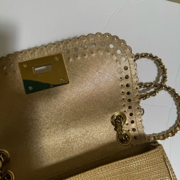 Michael Kors Violet Vivian Leather Straw Raffia Metallic Chain Shoulder Bag Tote - Picture 9 of 16